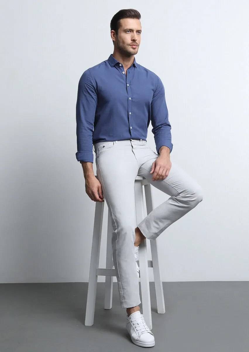 Açık Gri Mikro Dokuma Slim Fit Casual Pamuk Karışımlı Pantolon - 1