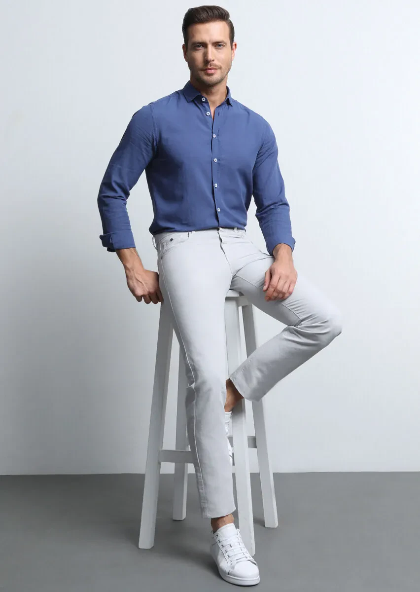 Açık Gri Mikro Dokuma Slim Fit Casual Pamuk Karışımlı Pantolon - 2