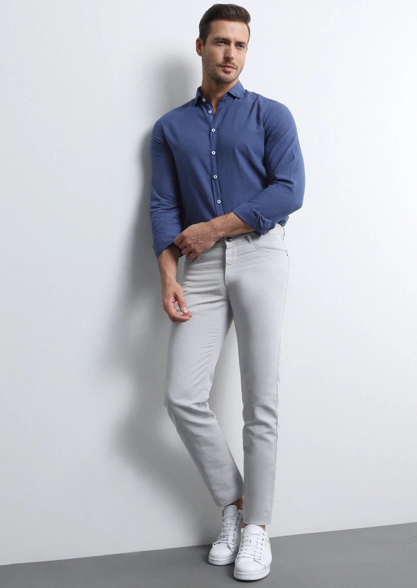 Açık Gri Mikro Dokuma Slim Fit Casual Pamuk Karışımlı Pantolon - 4