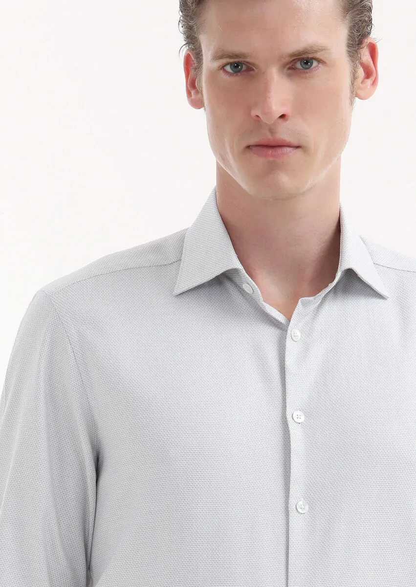 Açık Gri Mikro Regular Fit Dokuma Klasik Pamuk Karışımlı Gömlek - 3