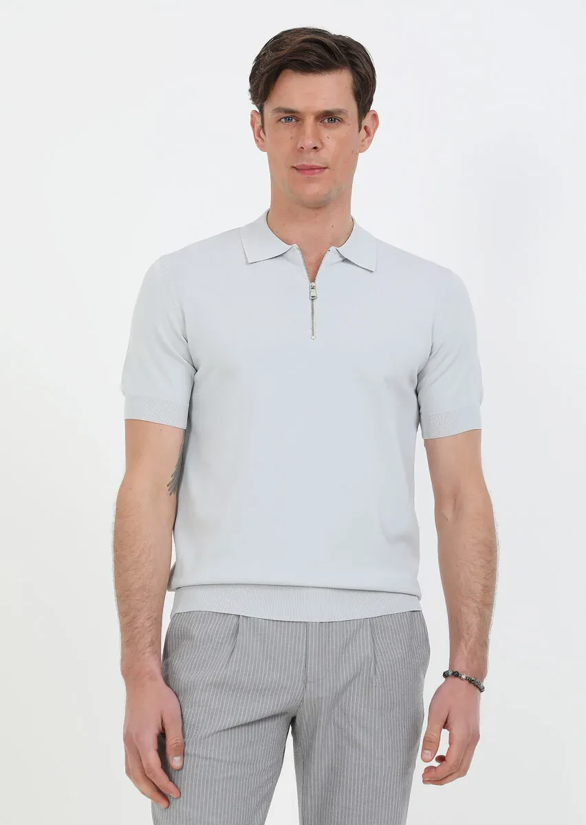 Açık Gri Polo Yaka Düz Örgü Triko - 1