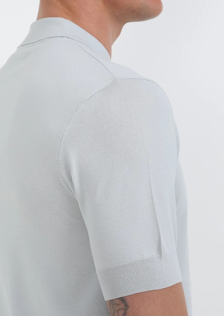 Açık Gri Polo Yaka Düz Örgü Triko - 4