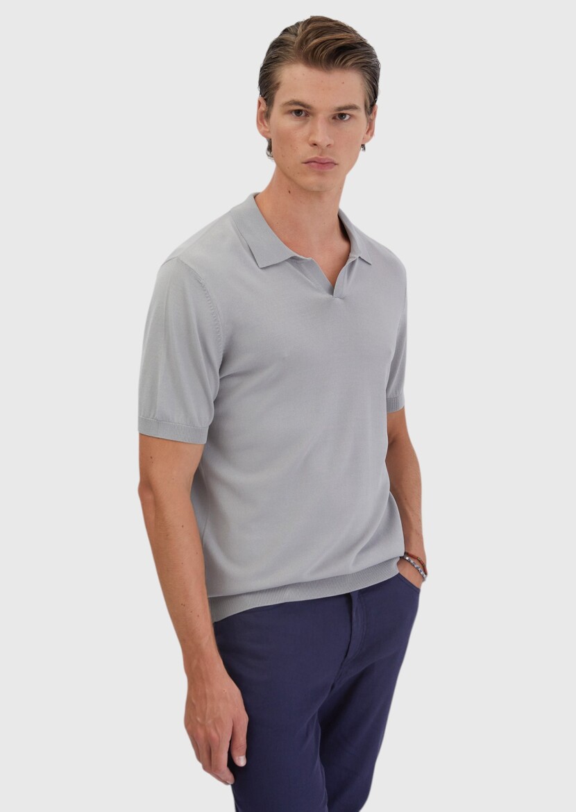 Açık Gri Polo Yaka Düz Örgü Triko - 1