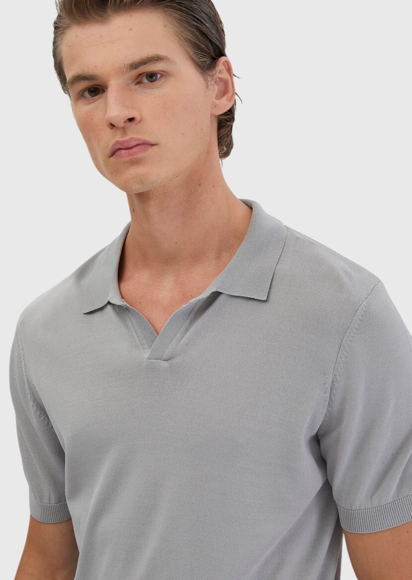 Açık Gri Polo Yaka Düz Örgü Triko - 3