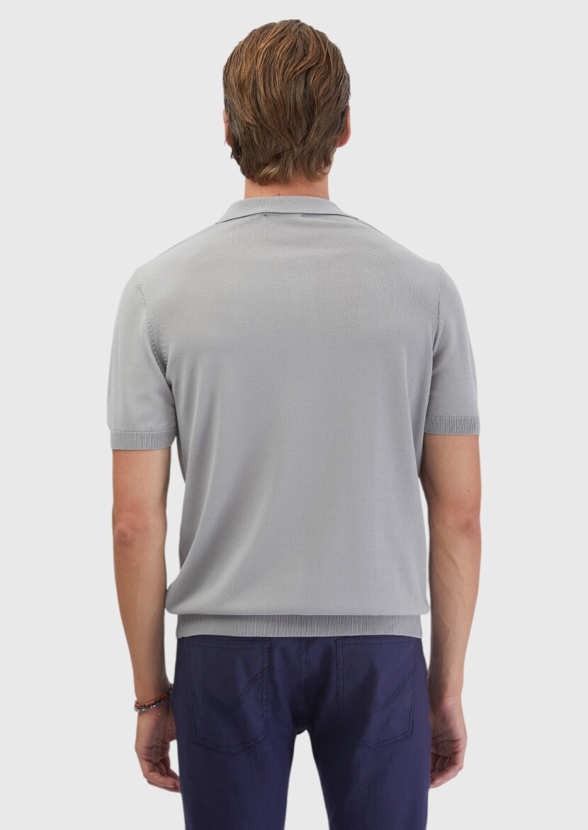 Açık Gri Polo Yaka Düz Örgü Triko - 6
