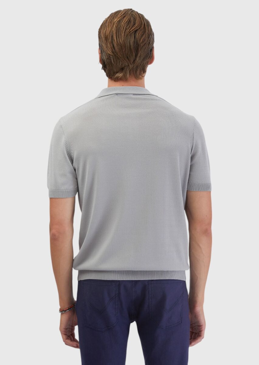 Açık Gri Polo Yaka Düz Örgü Triko - 6