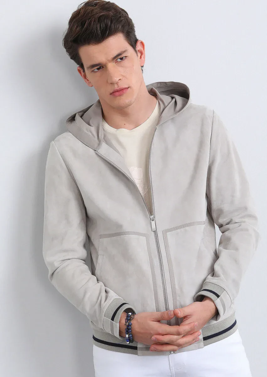 Açık Gri Regular Fit Casual Süet Deri Mont - 2