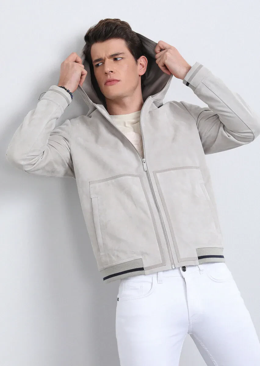 Açık Gri Regular Fit Casual Süet Deri Mont - 3