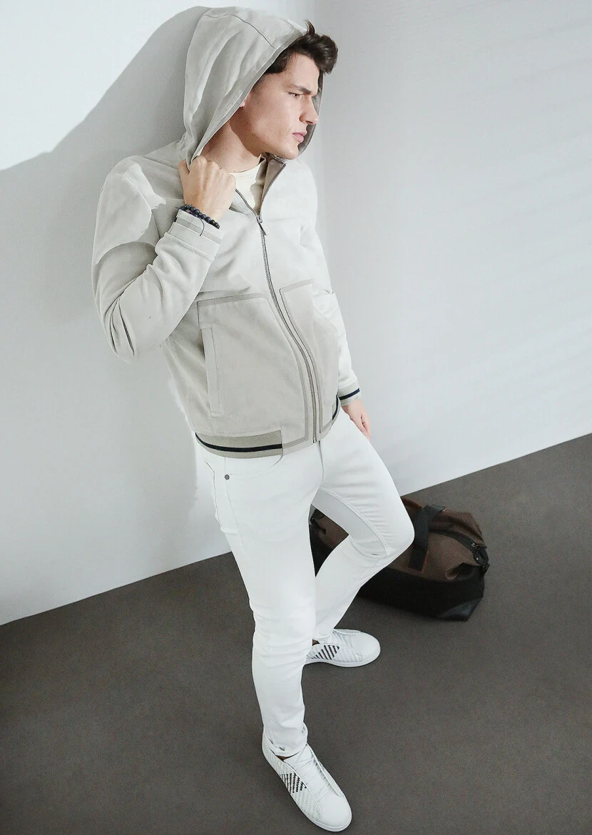 Açık Gri Regular Fit Casual Süet Deri Mont - 4