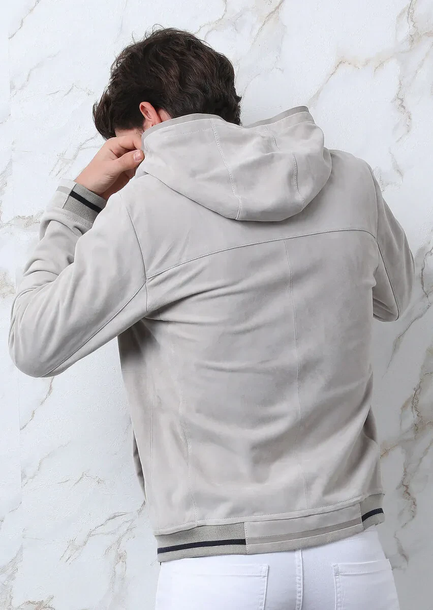Açık Gri Regular Fit Casual Süet Deri Mont - 5