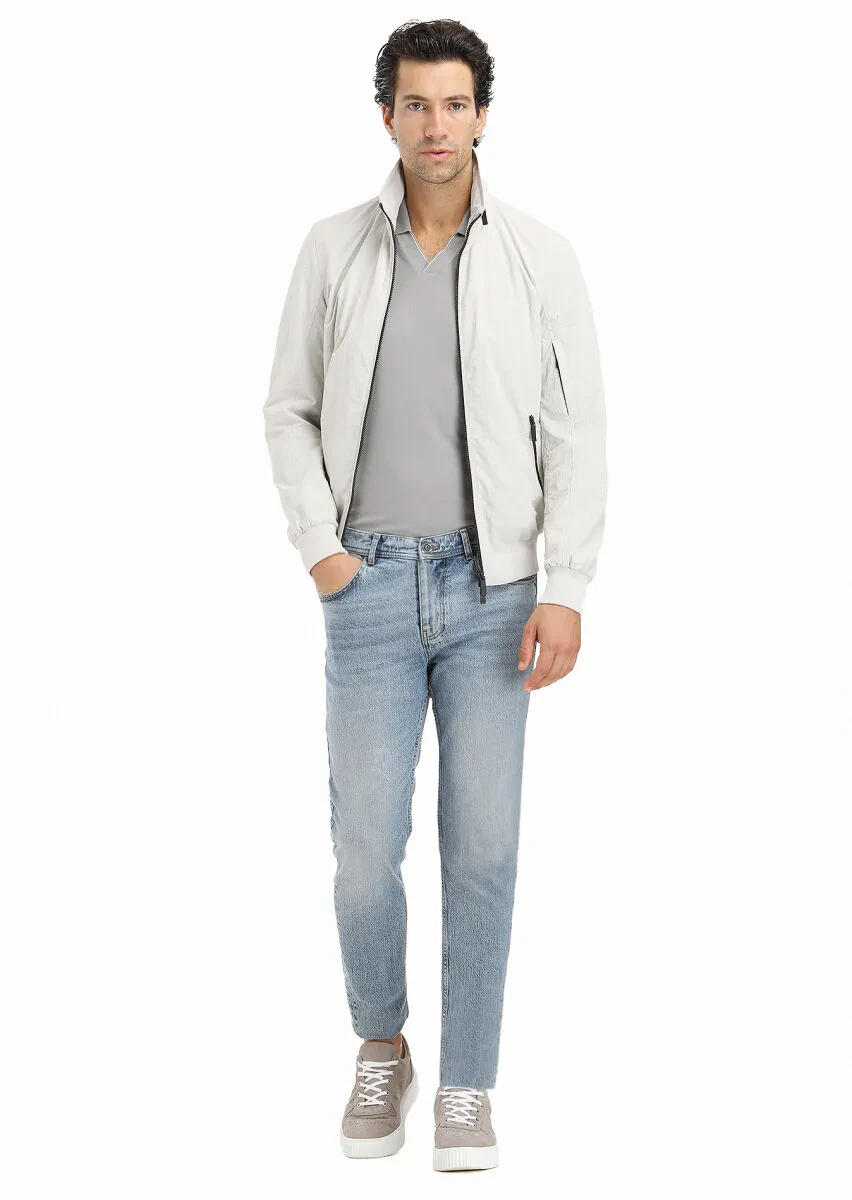 Açık Gri Regular Fit Dik Yaka Casual Dokuma Mont - 1