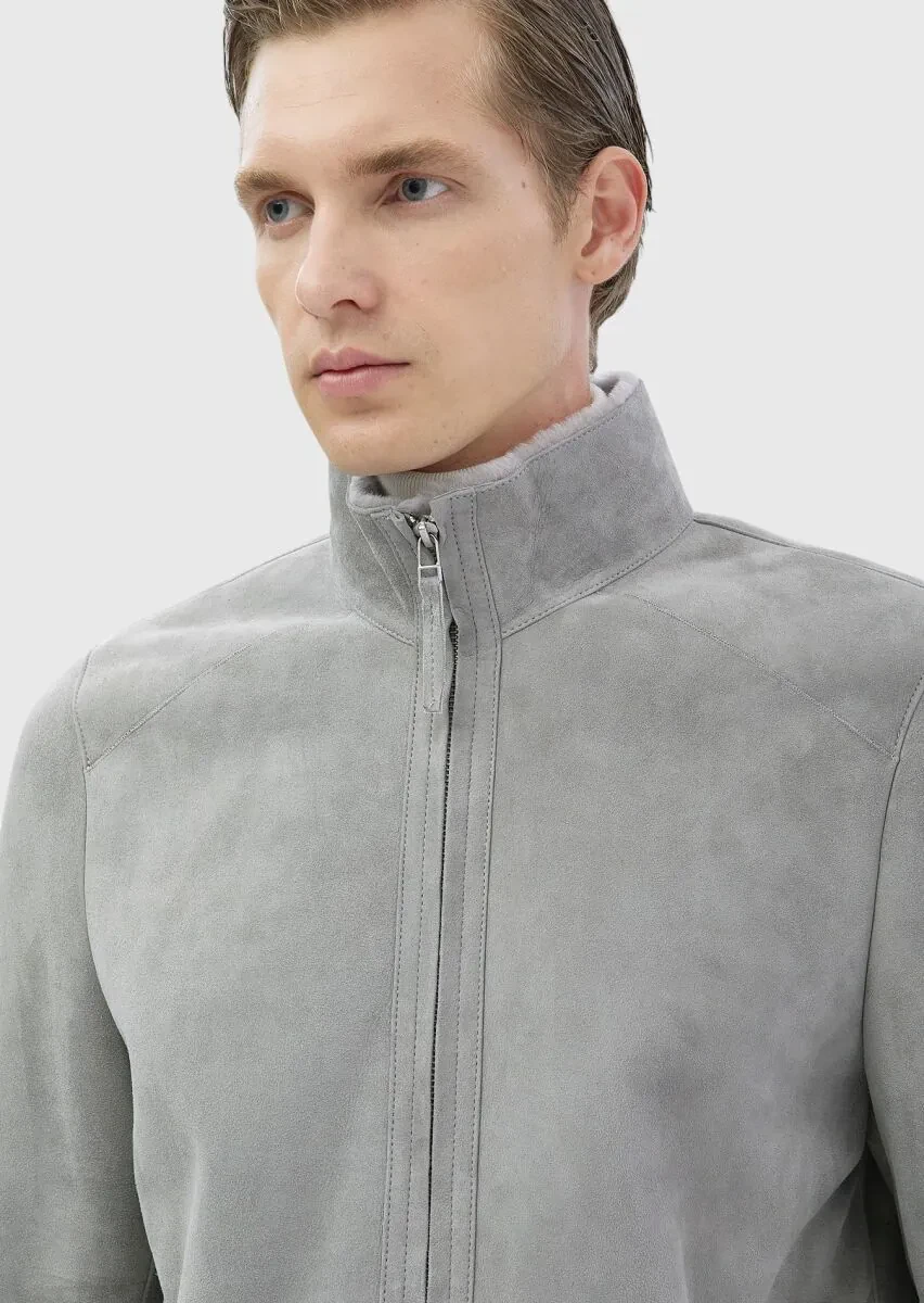 Açık Gri Regular Fit Dik Yaka Casual Kürk Deri Mont - 4