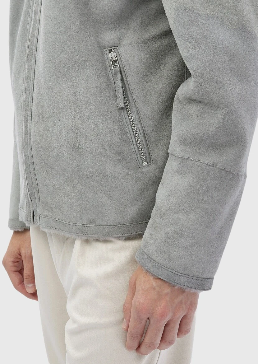 Açık Gri Regular Fit Dik Yaka Casual Kürk Deri Mont - 6