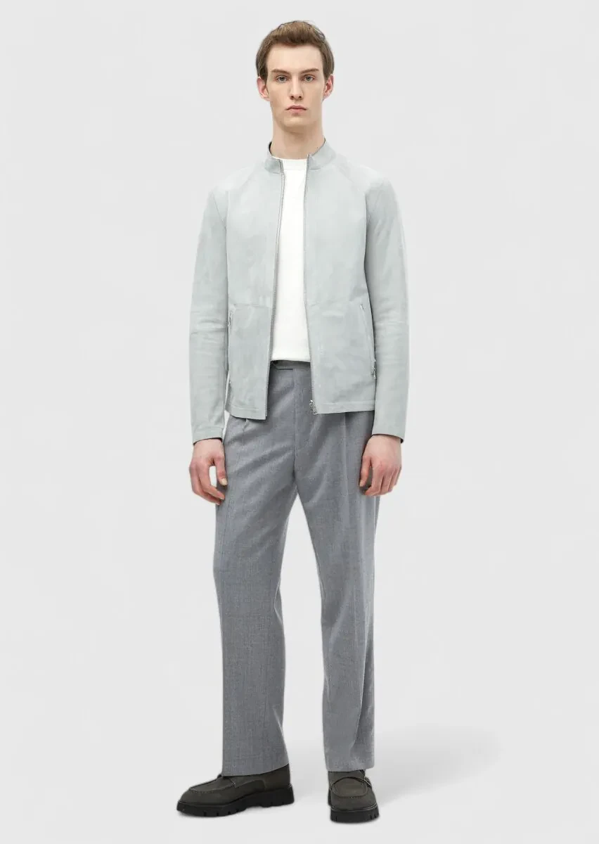 Açık Gri Regular Fit Dik Yaka Casual Süet Çift Taraflı Deri Mont - 3