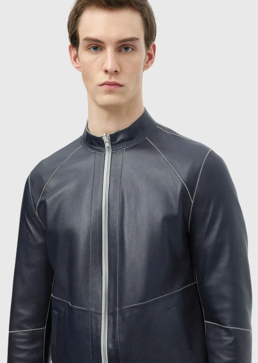 Açık Gri Regular Fit Dik Yaka Casual Süet Çift Taraflı Deri Mont - 6