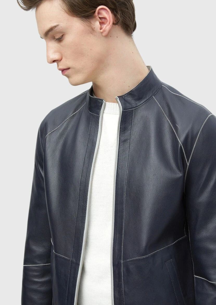 Açık Gri Regular Fit Dik Yaka Casual Süet Çift Taraflı Deri Mont - 10