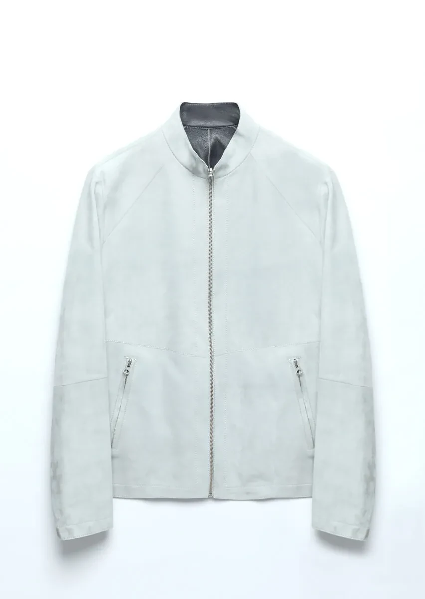 Açık Gri Regular Fit Dik Yaka Casual Süet Çift Taraflı Deri Mont - 15