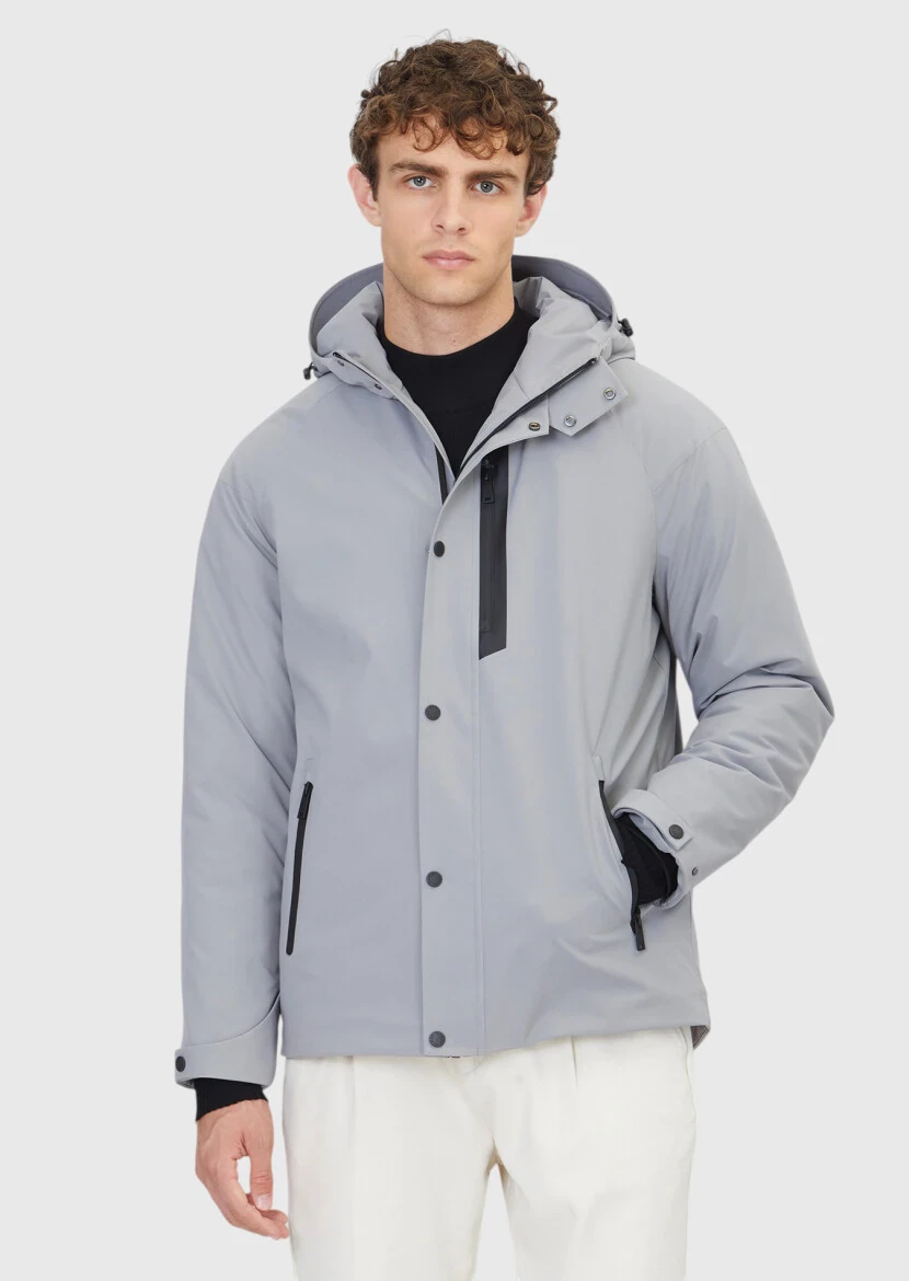 Açık Gri Regular Fit Kapüşonlu Casual Dokuma Mont - RAMSEY