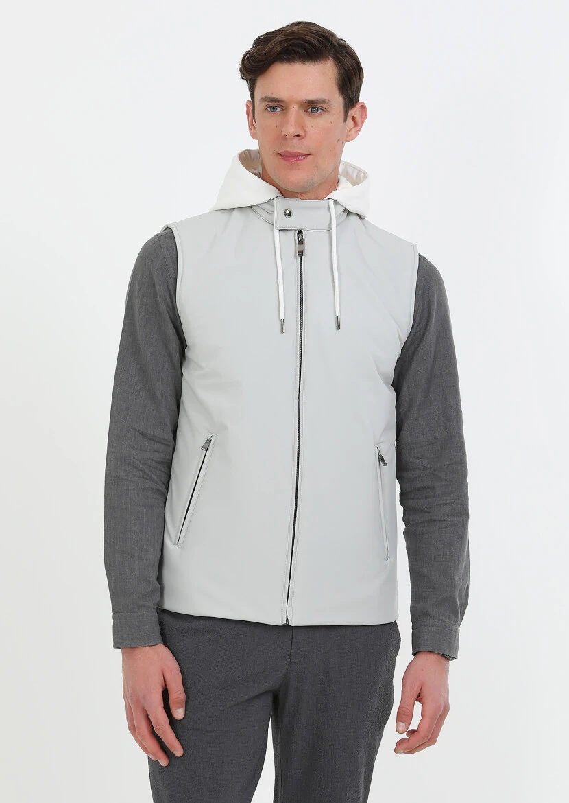 Açık Gri Regular Fit Kapüşonlu Casual Dokuma Spor Yelek - 1
