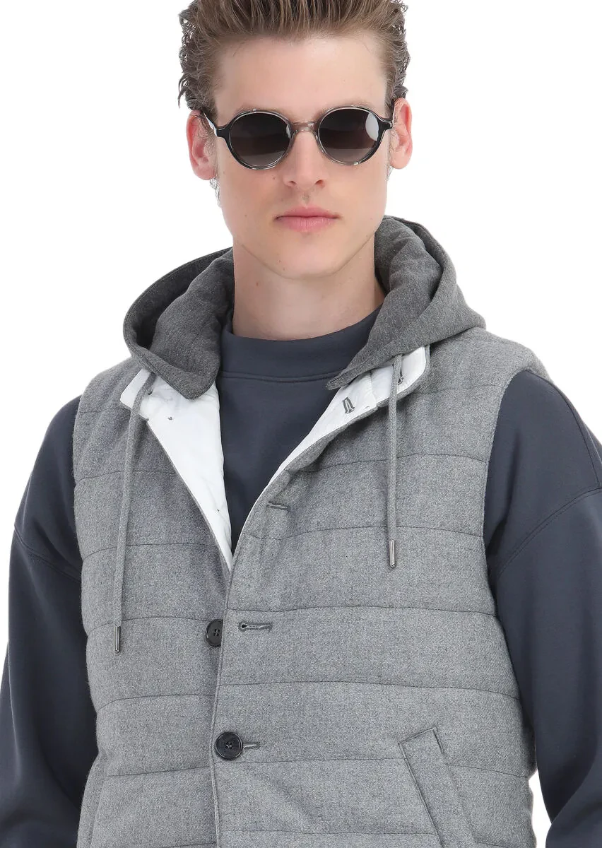 Açık Gri Regular Fit Kapüşonlu Casual Dokuma Spor Yelek - 3