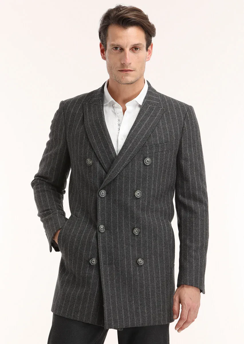 Açık Gri Regular Fit Kruvaze Yaka Casual Dokuma Kaban - 2