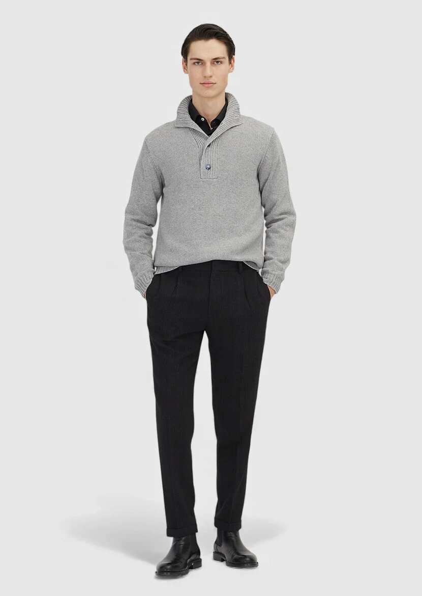 Açık Gri Yarım Balıkçı Yaka Düz Örgü Kaşmir Karışımlı Triko Kazak - RAMSEY