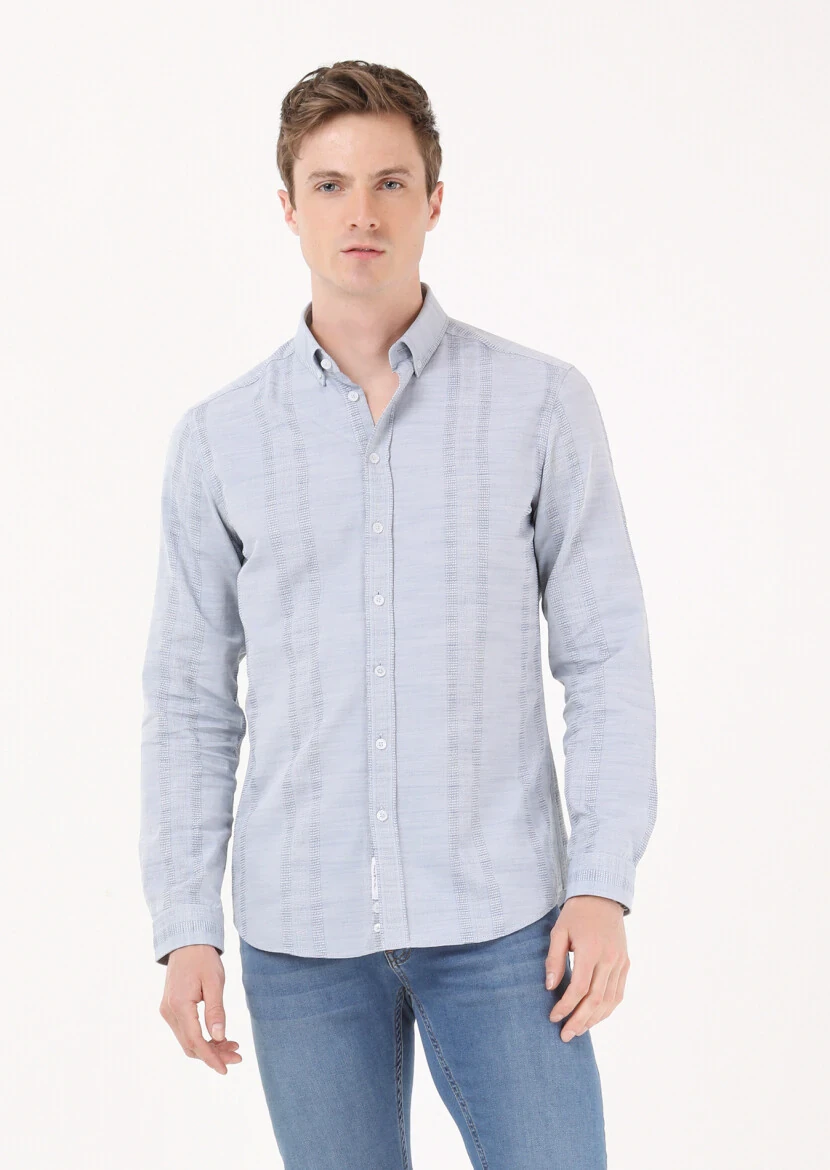 Açık İndigo Çizgili Slim Fit Dokuma Casual %100 Pamuk Gömlek - 1
