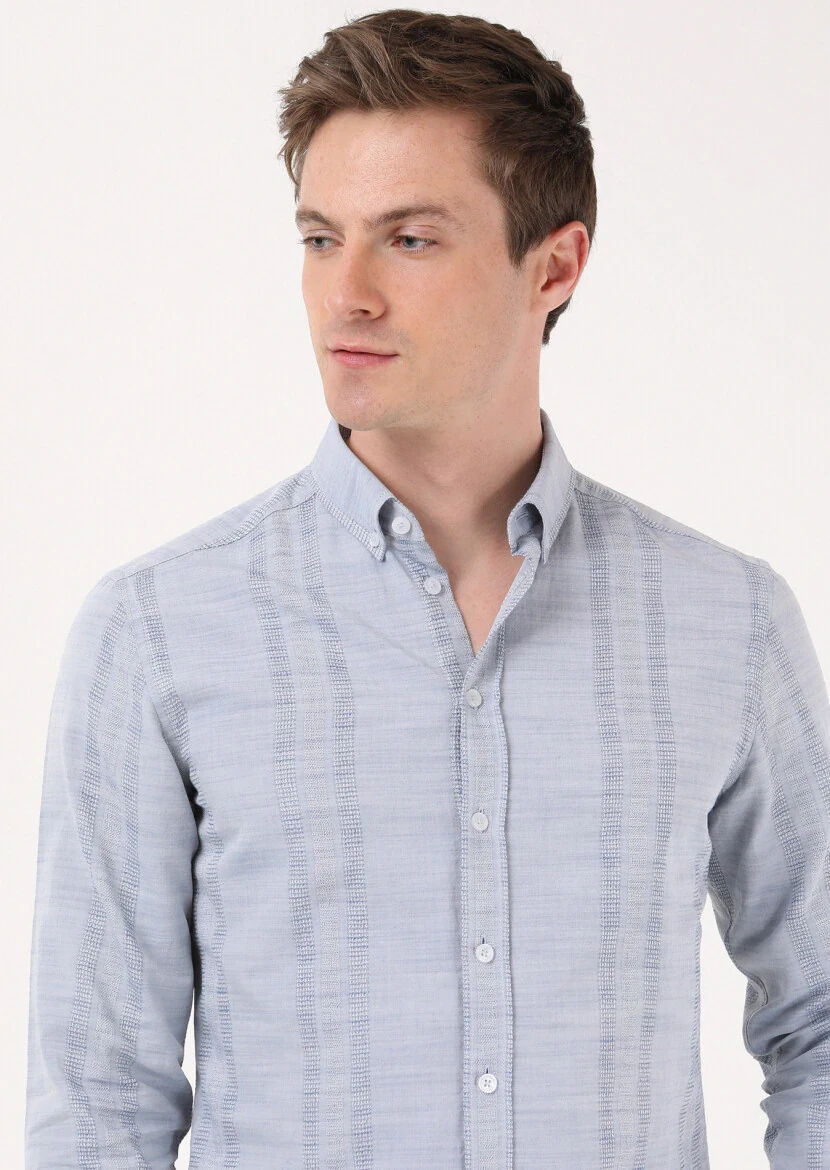 Açık İndigo Çizgili Slim Fit Dokuma Casual %100 Pamuk Gömlek - 2