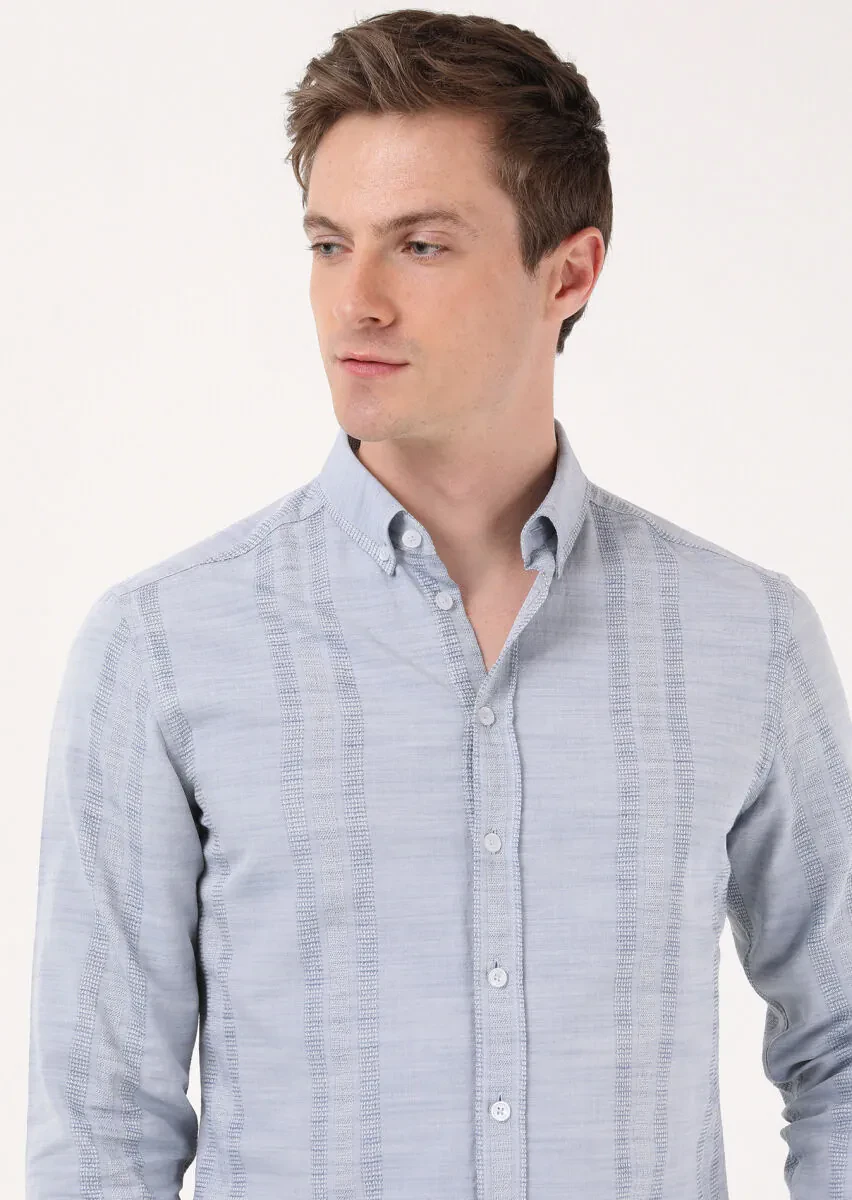 Açık İndigo Çizgili Slim Fit Dokuma Casual %100 Pamuk Gömlek - 2