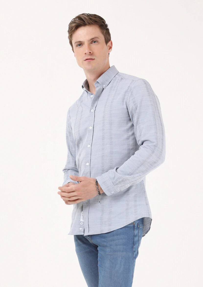 Açık İndigo Çizgili Slim Fit Dokuma Casual %100 Pamuk Gömlek - 3