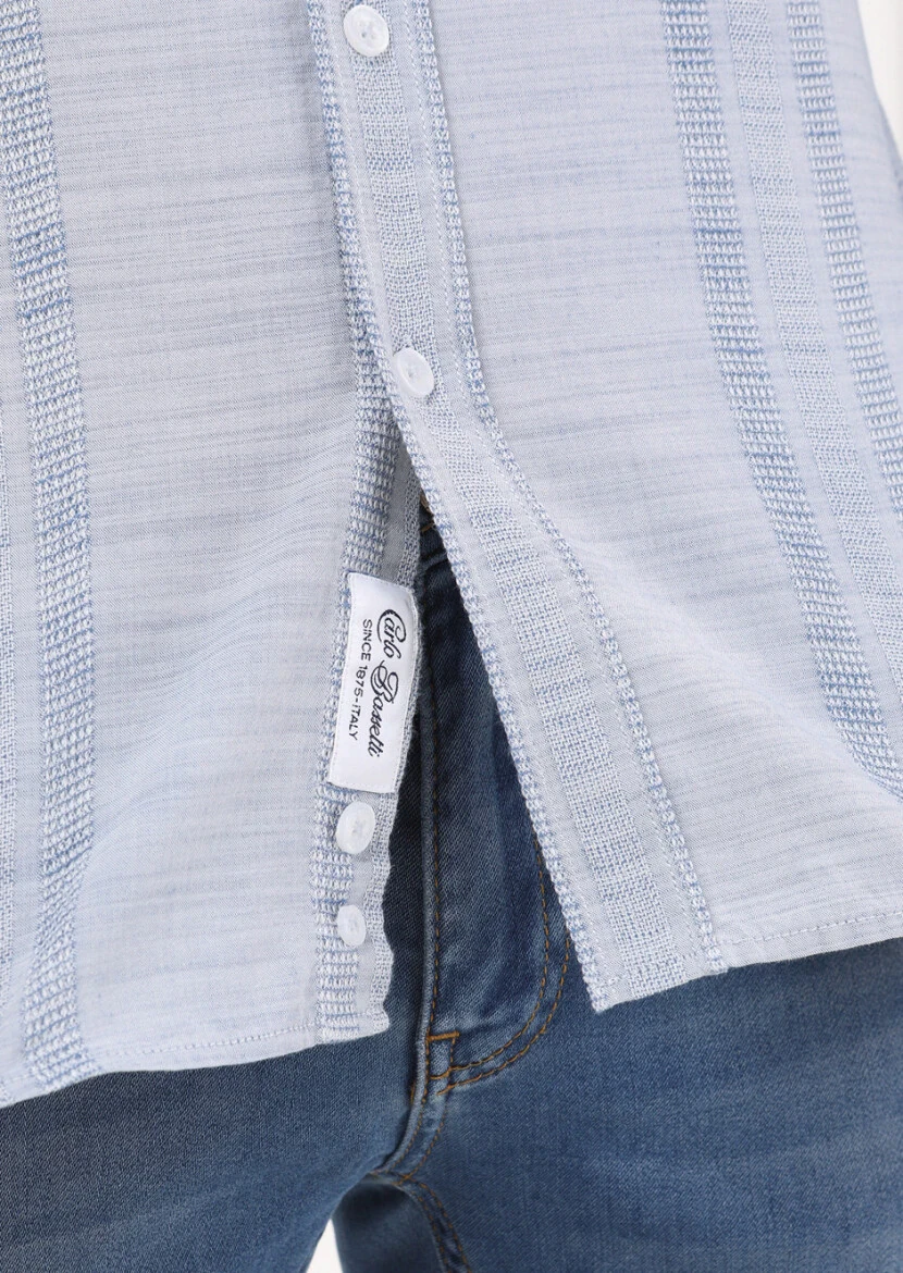 Açık İndigo Çizgili Slim Fit Dokuma Casual %100 Pamuk Gömlek - 4