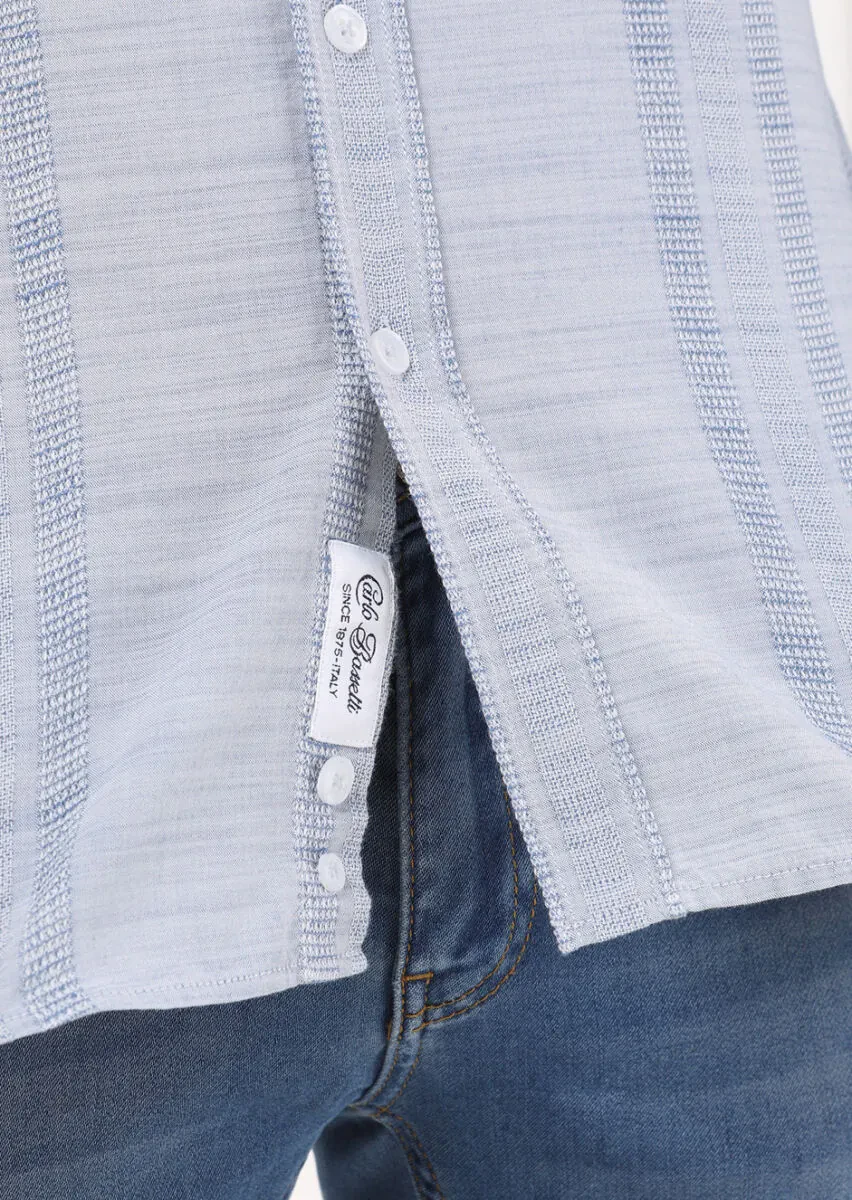 Açık İndigo Çizgili Slim Fit Dokuma Casual %100 Pamuk Gömlek - 4