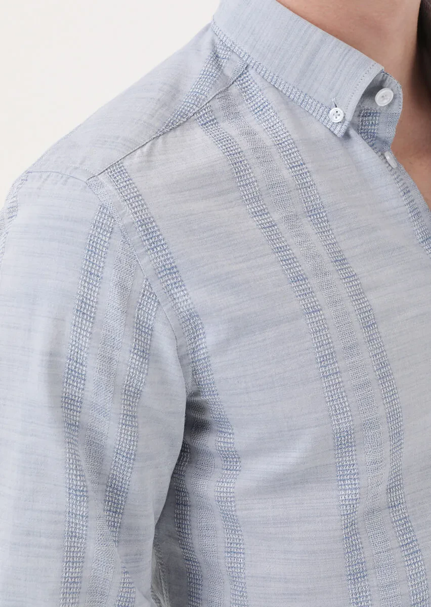 Açık İndigo Çizgili Slim Fit Dokuma Casual %100 Pamuk Gömlek - 5