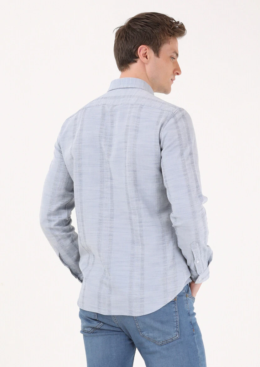 Açık İndigo Çizgili Slim Fit Dokuma Casual %100 Pamuk Gömlek - 6