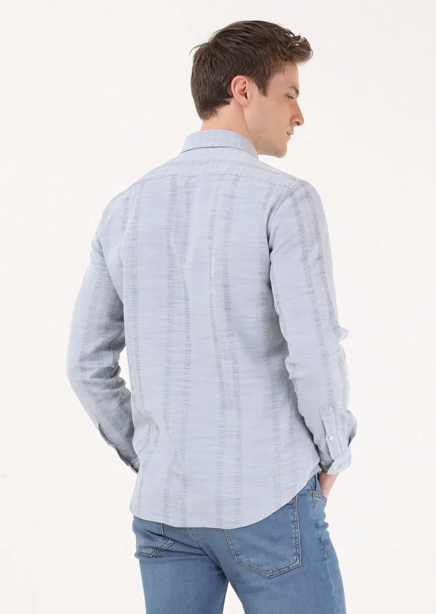 Açık İndigo Çizgili Slim Fit Dokuma Casual %100 Pamuk Gömlek - 6