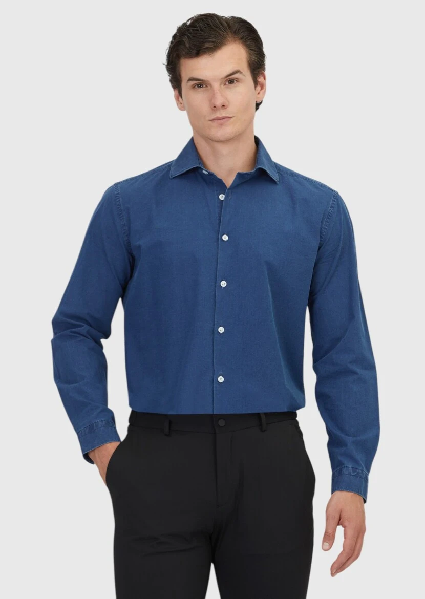 Açık İndigo Düz Casual Fit Dokuma Casual %100 Pamuk Gömlek - 1