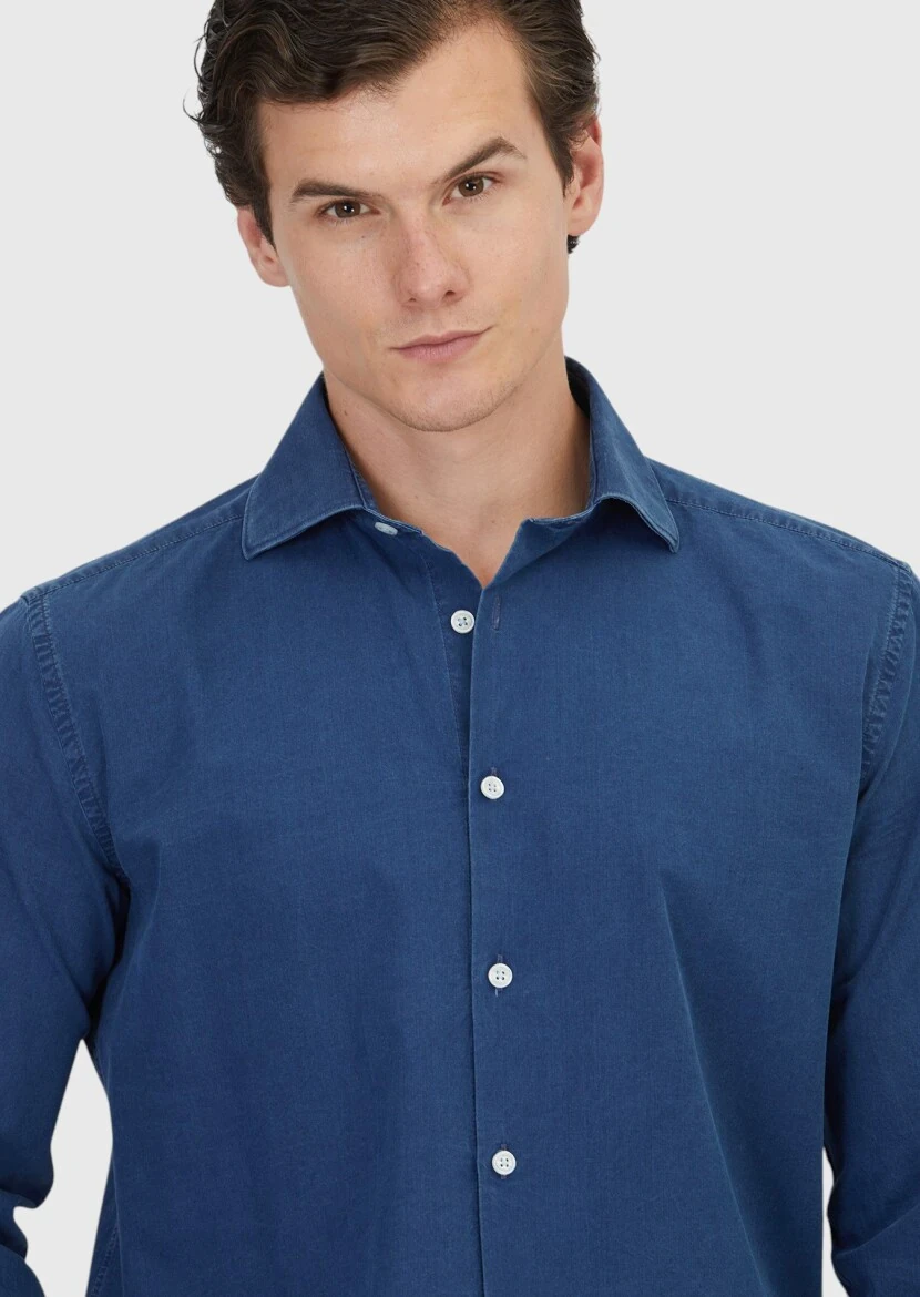 Açık İndigo Düz Casual Fit Dokuma Casual %100 Pamuk Gömlek - 3