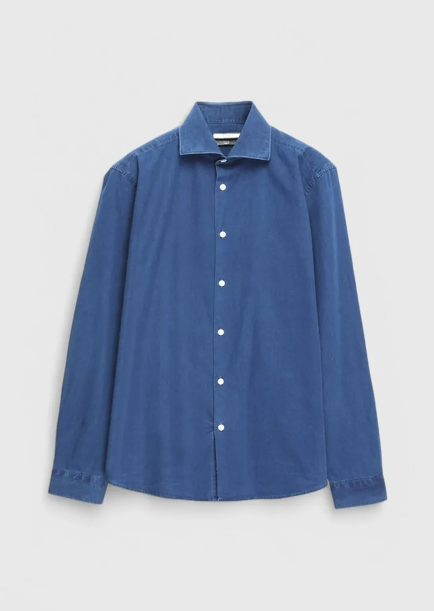 Açık İndigo Düz Casual Fit Dokuma Casual %100 Pamuk Gömlek - 6
