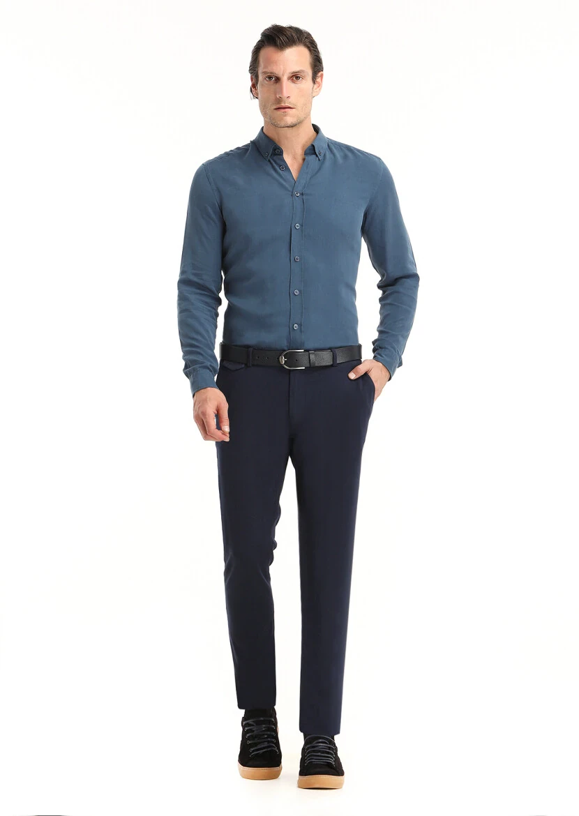 Açık İndigo Düz Regular Fit Dokuma Casual Gömlek - 1