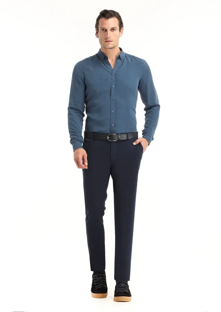 Açık İndigo Düz Regular Fit Dokuma Casual Gömlek - 1
