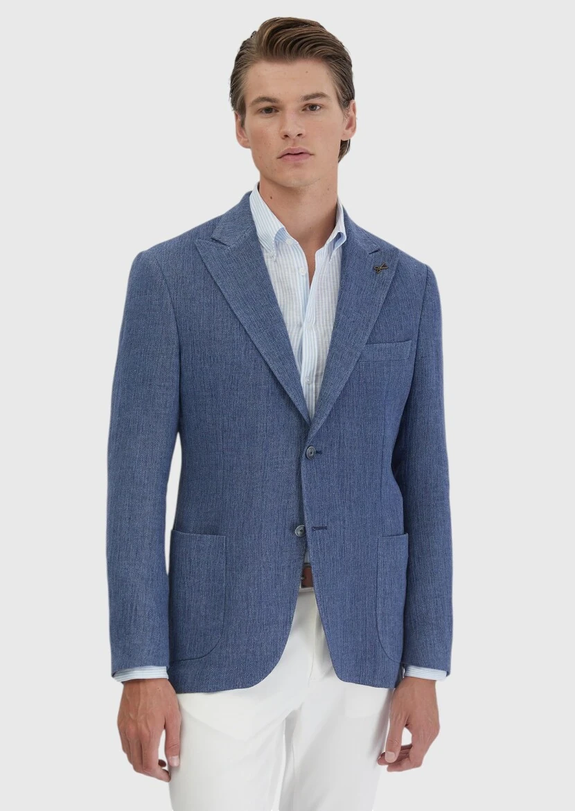 Açık İndigo Düz Shirt Shoulder Slim Fit Keten Karışımlı Ceket - 3
