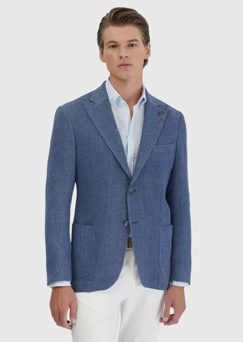 Açık İndigo Düz Shirt Shoulder Slim Fit Keten Karışımlı Ceket - 3
