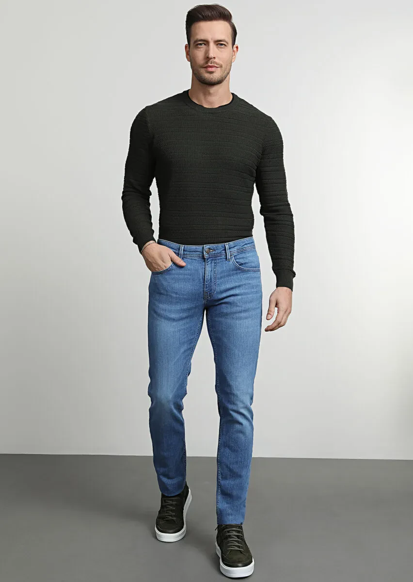 Açık İndigo Düz Slim Fit Denim Pamuk Karışımlı Pantolon - 1