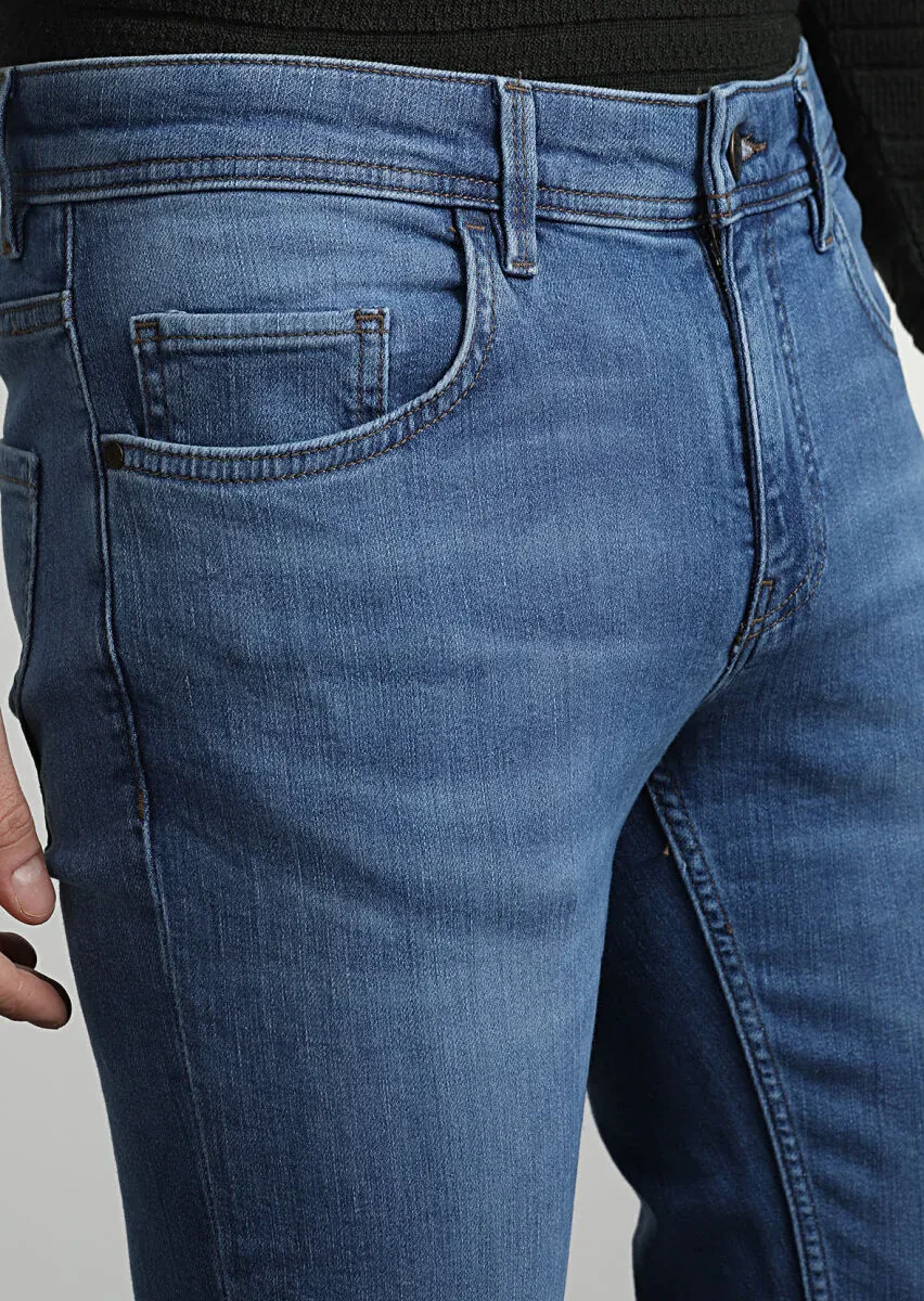 Açık İndigo Düz Slim Fit Denim Pamuk Karışımlı Pantolon - 2