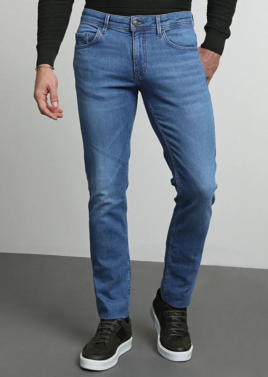 Açık İndigo Düz Slim Fit Denim Pamuk Karışımlı Pantolon - 3
