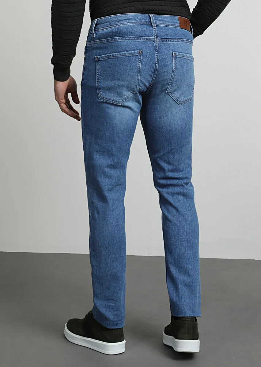 Açık İndigo Düz Slim Fit Denim Pamuk Karışımlı Pantolon - 4