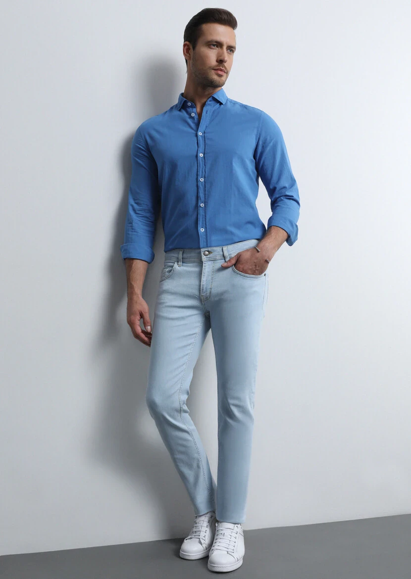 Açık İndigo Düz Slim Fit Denim Pamuk Karışımlı Pantolon - 1