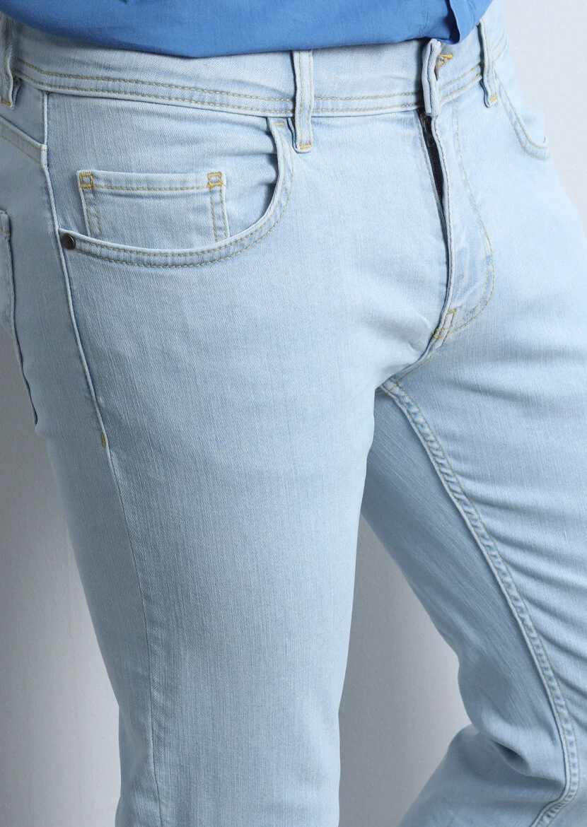 Açık İndigo Düz Slim Fit Denim Pamuk Karışımlı Pantolon - 2