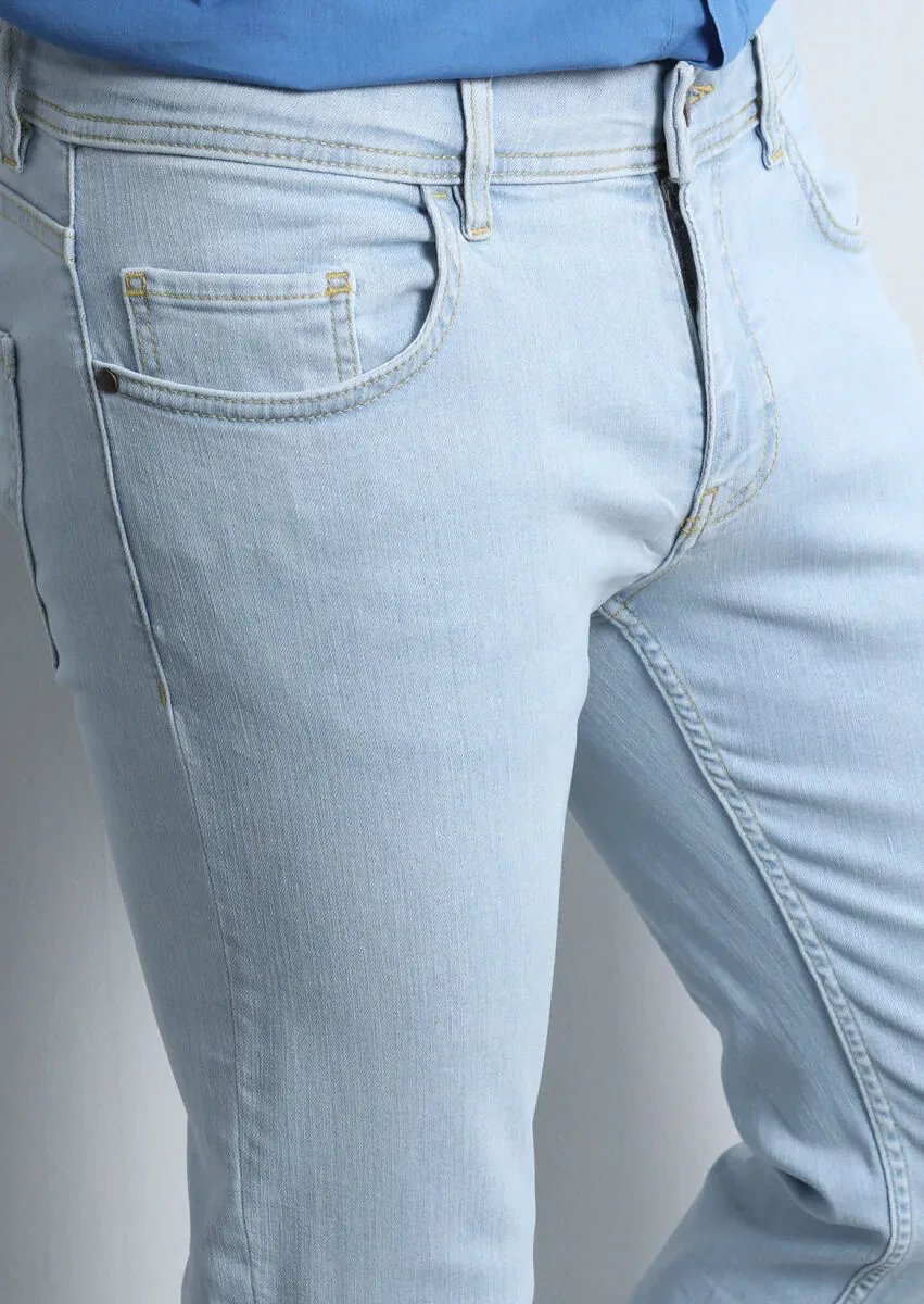 Açık İndigo Düz Slim Fit Denim Pamuk Karışımlı Pantolon - 2