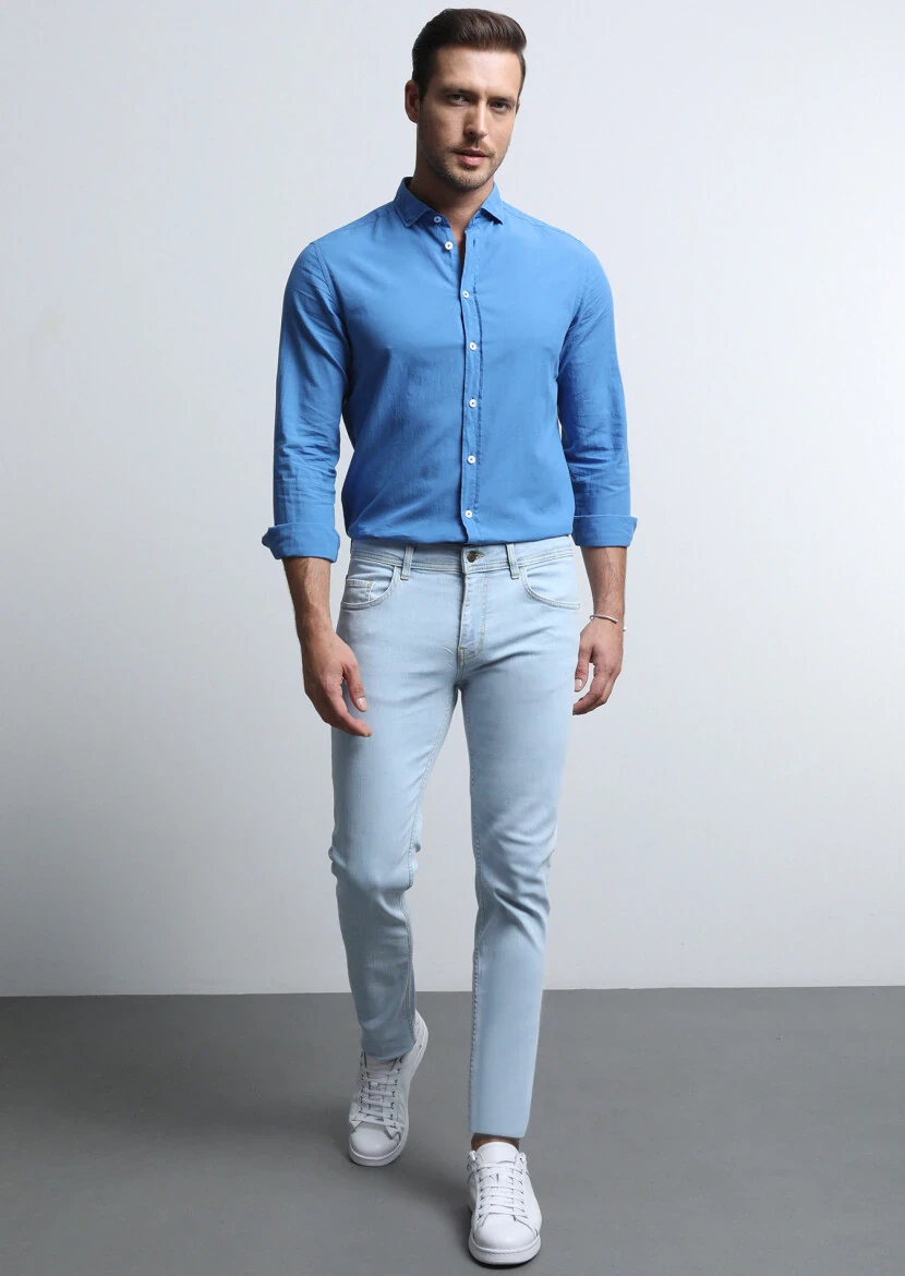 Açık İndigo Düz Slim Fit Denim Pamuk Karışımlı Pantolon - 3